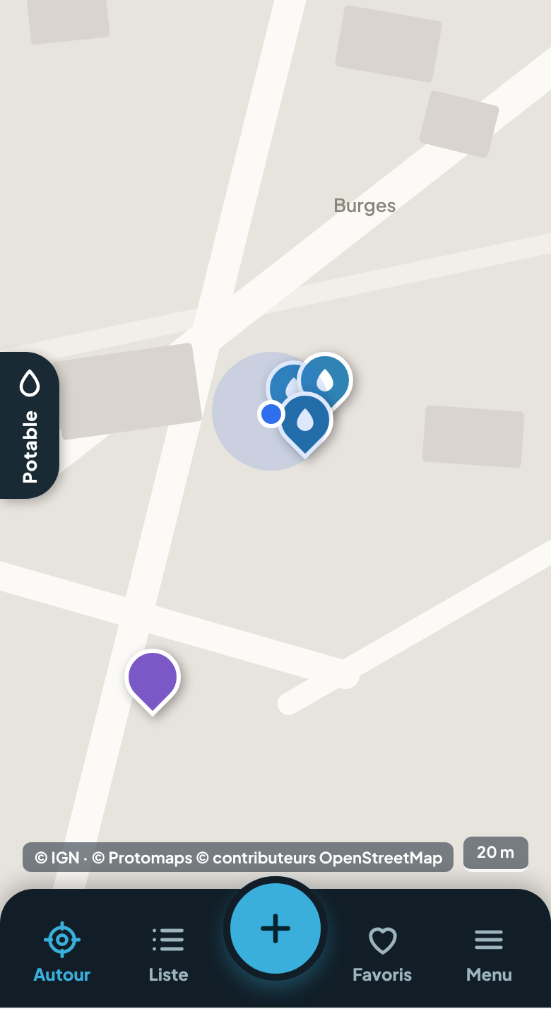 Capture de l’application : la carte avec des points d’eau autour de vous